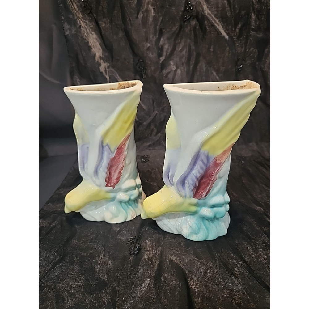 Vintage Pair Of Bird Wall Pockets 1940 White Aqua Yellow Morton Pottery - Picture 11 of 11
